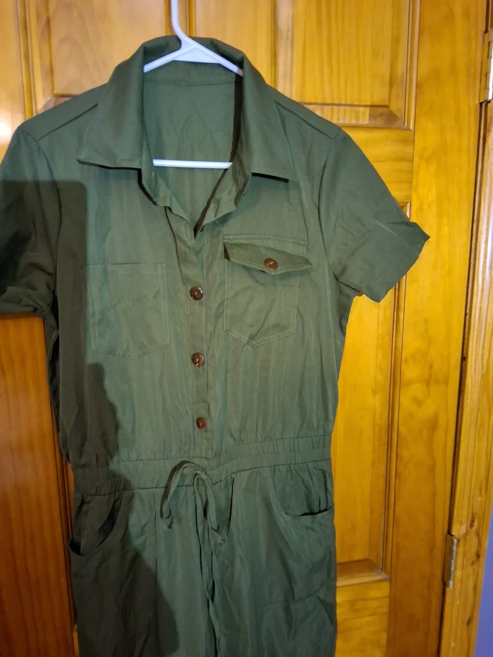 Women's Short-Sleeve Olive Green Jumpsuit - Picture 2 of 3